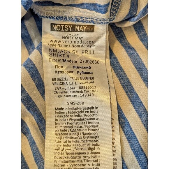 Noisy May Blouse Womens L Blue White Stripe Ruffle Coastal Romantic Sleeveless - Picture 7 of 7